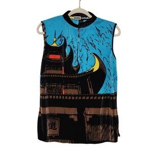JAMIE SADOCK Top Womens Large Blue Black Abstract Zip Neck Sleeveless Retro Y2K